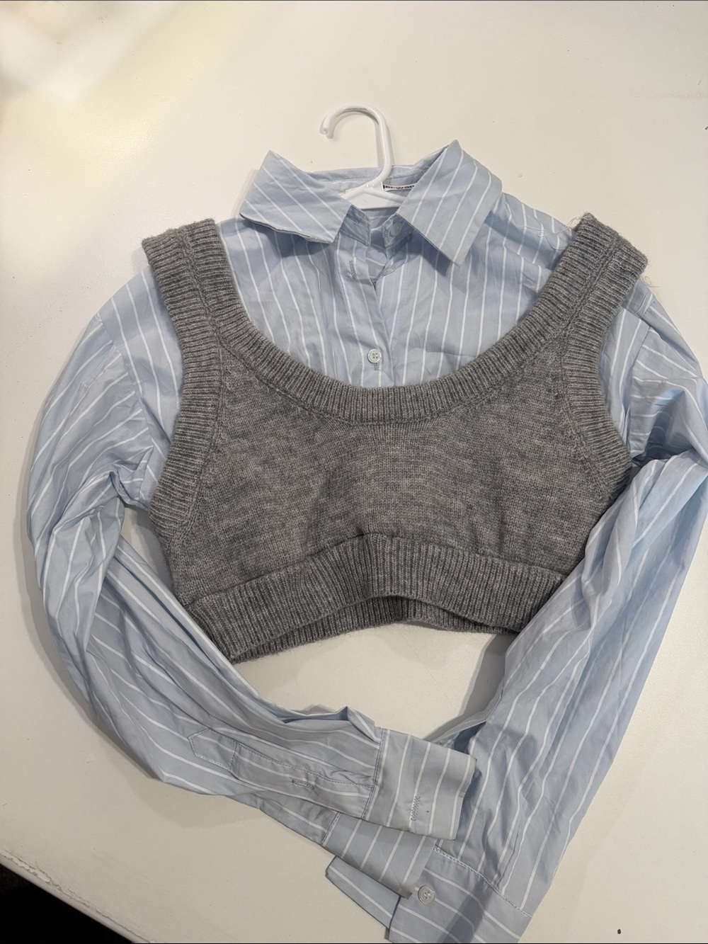 ALEXANDER WANG Grey Knit Crop Vest with Light Blue Striped Shirt Layered Top